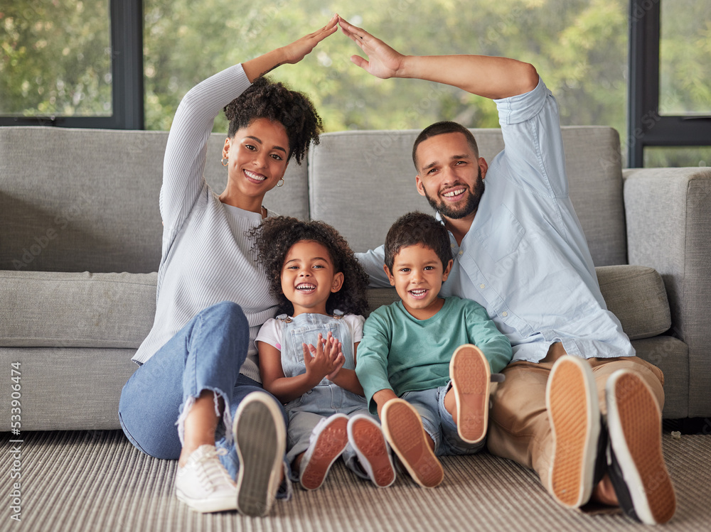 Happy family and home insurance with roof over kids for protection Happy family and home insurance with roof over kids for protection