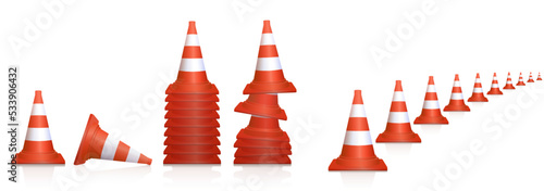 Traffic cones, upright and fallen, neatly and messily stacked and regularly lined up pylons for regulation of traffic on roads or highways. Isolated vector illustration on white background.
