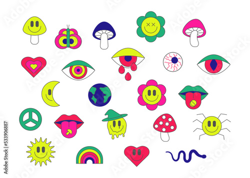 Psychedelic surreal smile set in retro style. Anthropomorphic face sign, mushroom, groovy flower. Illusion, creative crazy sign, power flower. Hippie design elements. Vector illustration