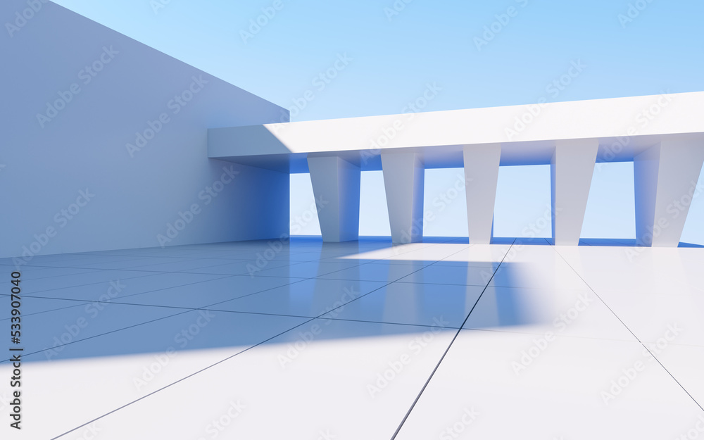 Fototapeta premium White abstract geometric construction, empty outdoor architecture scene, 3d rendering.