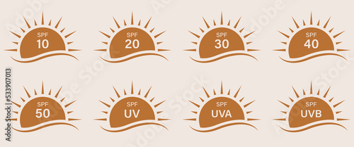 Sun UV Rays SPF 50 40 30 20 10 Protect Radiation Silhouette Icon Set. Summer Sunblock Protection Ultraviolet Rays UVA UVB Defense Skin Glyph Pictogram. Icon. Isolated Vector Illustration