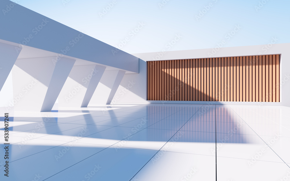 Obraz premium White abstract geometric construction, empty outdoor architecture scene, 3d rendering.