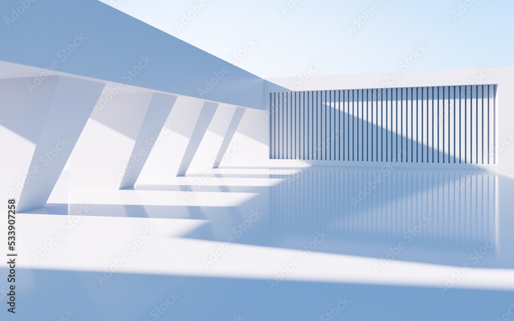 Obraz premium White abstract geometric construction, empty outdoor architecture scene, 3d rendering.
