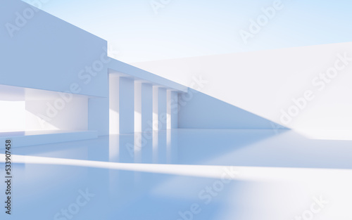 White abstract geometric construction, empty outdoor architecture scene, 3d rendering.