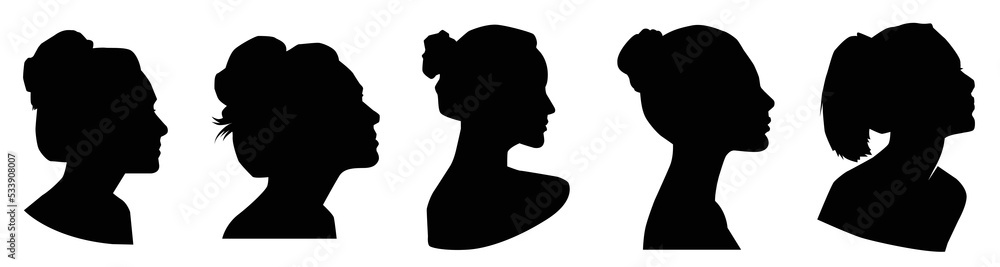 Side view of beautiful girl portrait silhouette set