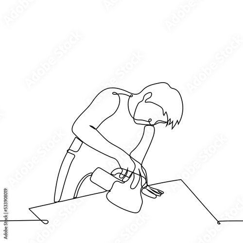 craftsman sanding a product with a sanding machine - one line drawing vector. concept man creates a product by hand
