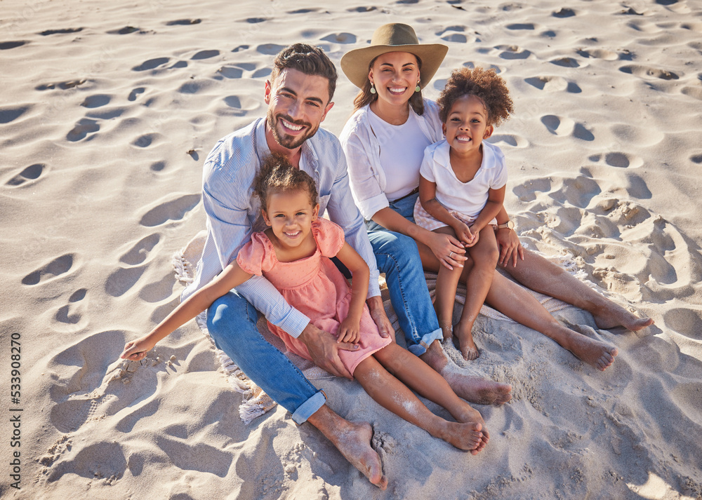 Fototapeta premium Travel, relax and sand with family at beach for Cancun Mexico vacation for summer, happy and love. Support, smile and portrait of parents and children on holiday for health, wellness and lifestyle