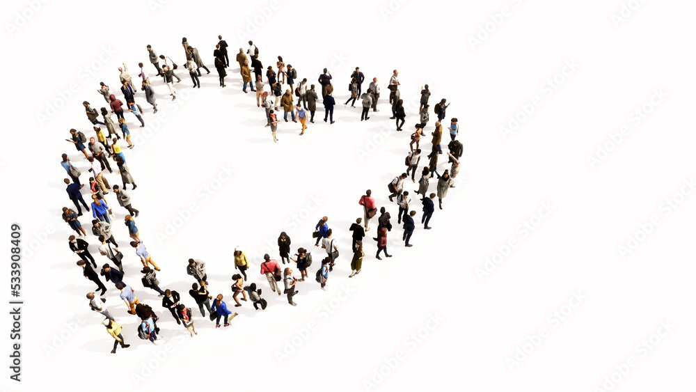 Concept conceptual large community of people forming the  like icon. 3d illustration metaphor for love, popular, trendy, health, romance and marriage