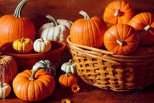 Wallpaper Mural Pumpkins in a wicker basket of various sizes on a wooden table. View from above. Torontodigital.ca