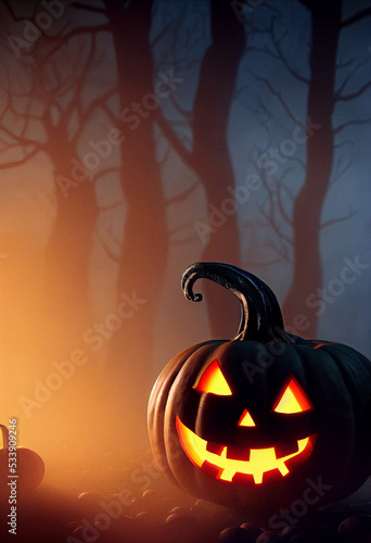 Glowing halloween pumpkin lantern on a spooky forest background.