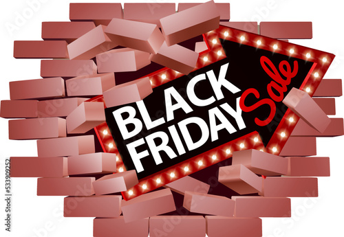 A Black Friday sale sign breaking a brick wall concept
