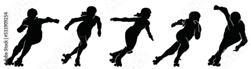 Set of black silhouette girl playing roller skate