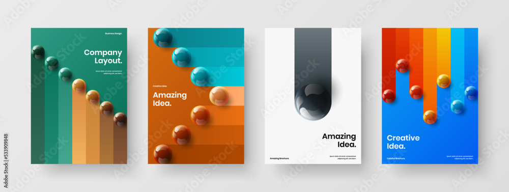 Simple cover A4 vector design layout collection. Clean 3D balls brochure template composition.