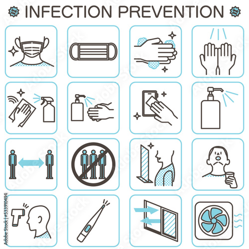 Coronavirus and other infection control and prevention icon set [Vector illustration] 