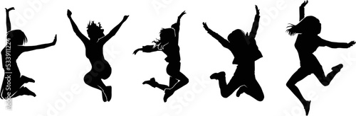 Set of silhouette long haired girl jumping while dancing