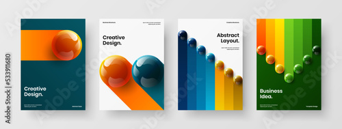Multicolored 3D spheres book cover illustration bundle. Vivid annual report A4 design vector layout composition.