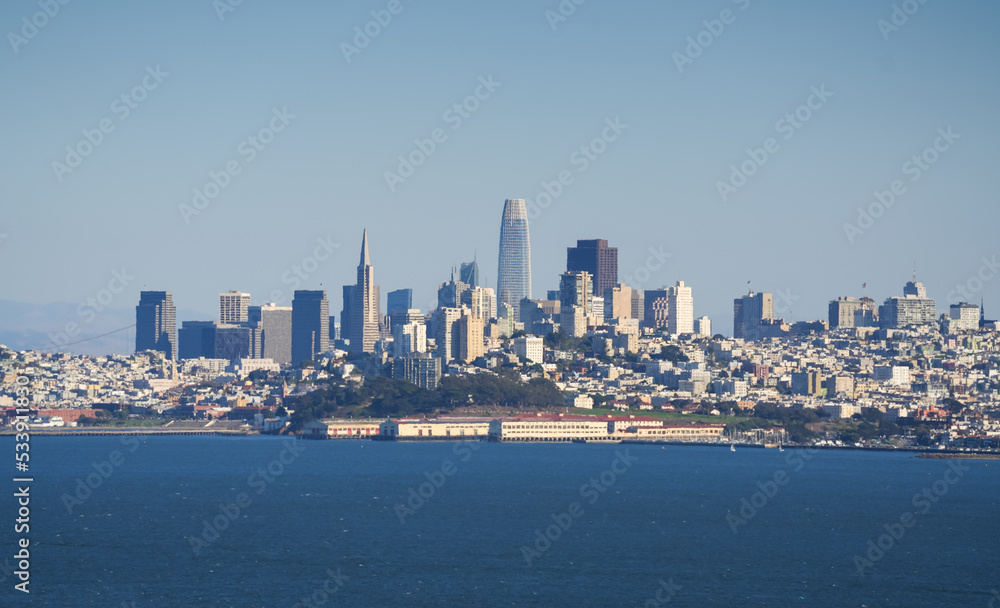 Skyline landscape of San Francisco city from California, United States, during a beautiful sunny day with blue sky, America. Skyline landscape of San Francisco city from California, United States, during a beautiful sunny day with blue sky, America.