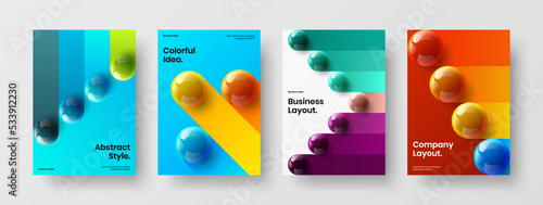 Colorful annual report vector design template collection. Unique realistic balls flyer concept composition.