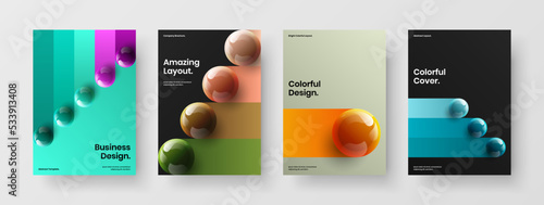Amazing banner A4 design vector template set. Colorful 3D spheres cover concept composition.