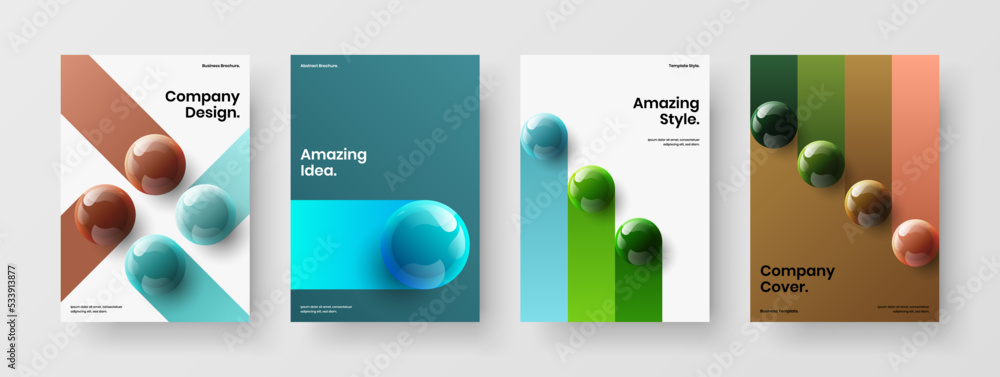 Clean pamphlet vector design illustration set. Simple realistic spheres company brochure concept collection.