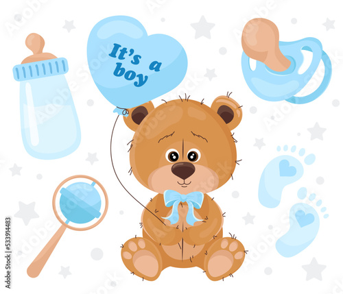 Its a boy. Teddy bear with a balloon in the form of a heart and various items for the baby.