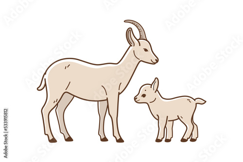 llustration of domestic goat and her baby. Vector illustration with farm animals in cartoon style.