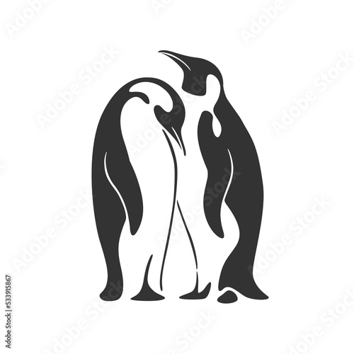 Outline illustration of pair two penguins. King penguins isolated on the white background.