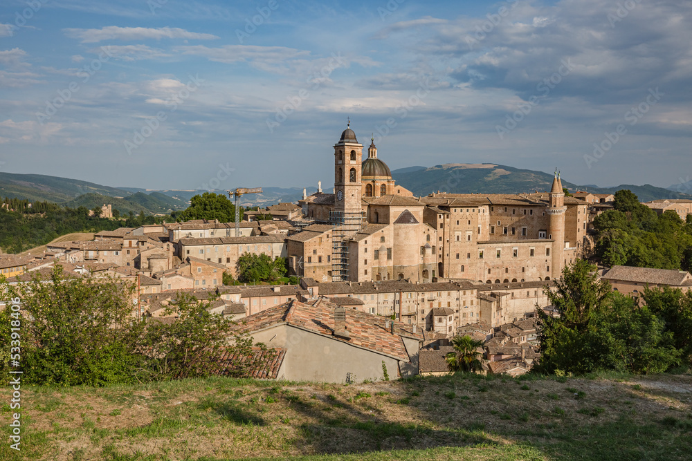 Aerial panorama of the Ducal Palace of Urbino medieval walled town and university in Marche, Italy a popular travel destination