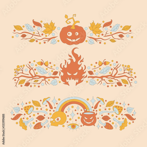 Retro frame with 70s style Halloween elements. Happy Halloween Autumn simple minimalist illustration. 1970 vibe banners set. Banner with a pumpkin  a fire and a rainbow. 