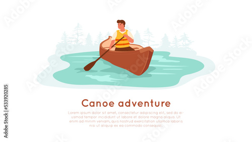 Canoe adventure banner template. Man in life jacket rafting in canoe on lake with forest silhouette. Isolated cartoon male sitting in boat, holding paddler. Vector illustration on white background.