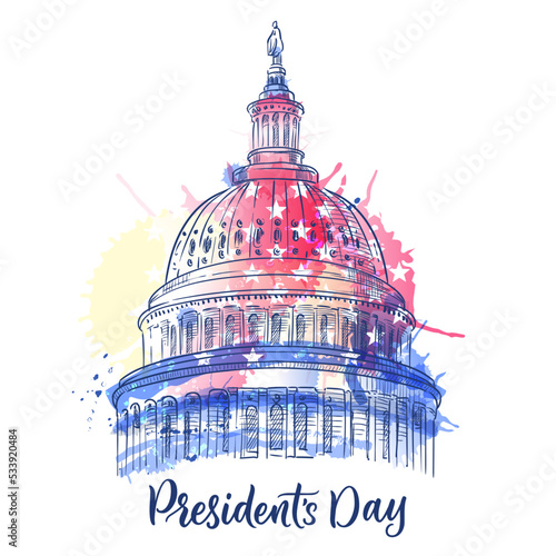 Presidents Day holiday design. Washington State Capitol on watercolor USA flag background. Vector sketch illustration