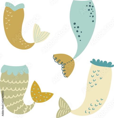 Vector set of mermaid tail, illustration for design, print, pattern, isolated on white background