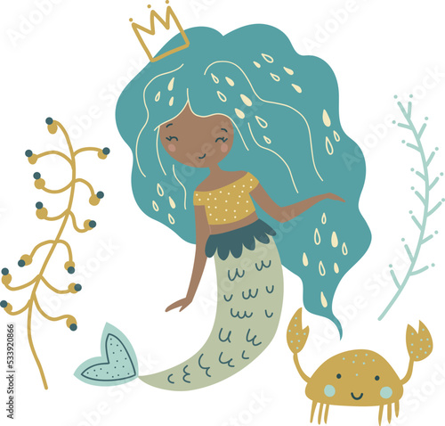 Cute mermaid girl, vector illustration for design, print, pattern, isolated on white background
