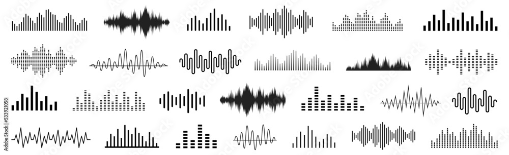 Sound wave set. Sound waves, Equalizer, Audio waves, Radio signal, Music. Recording. Vector - obrazy, fototapety, plakaty 