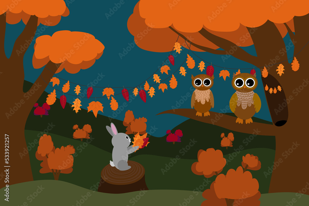 Naklejka premium Owls in the autumn evening forest. the bunny gives the collected leaves to the owls.