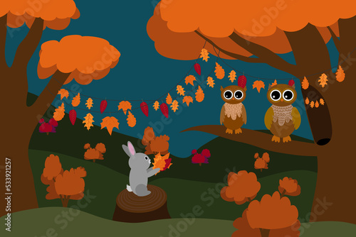Owls in the autumn evening forest. the bunny gives the collected leaves to the owls.