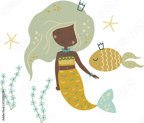 Cute mermaid girl, vector illustration for design, print, pattern, isolated on white background