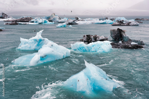 Icebergs in Jökulsárlón, a large glacier lagoon.