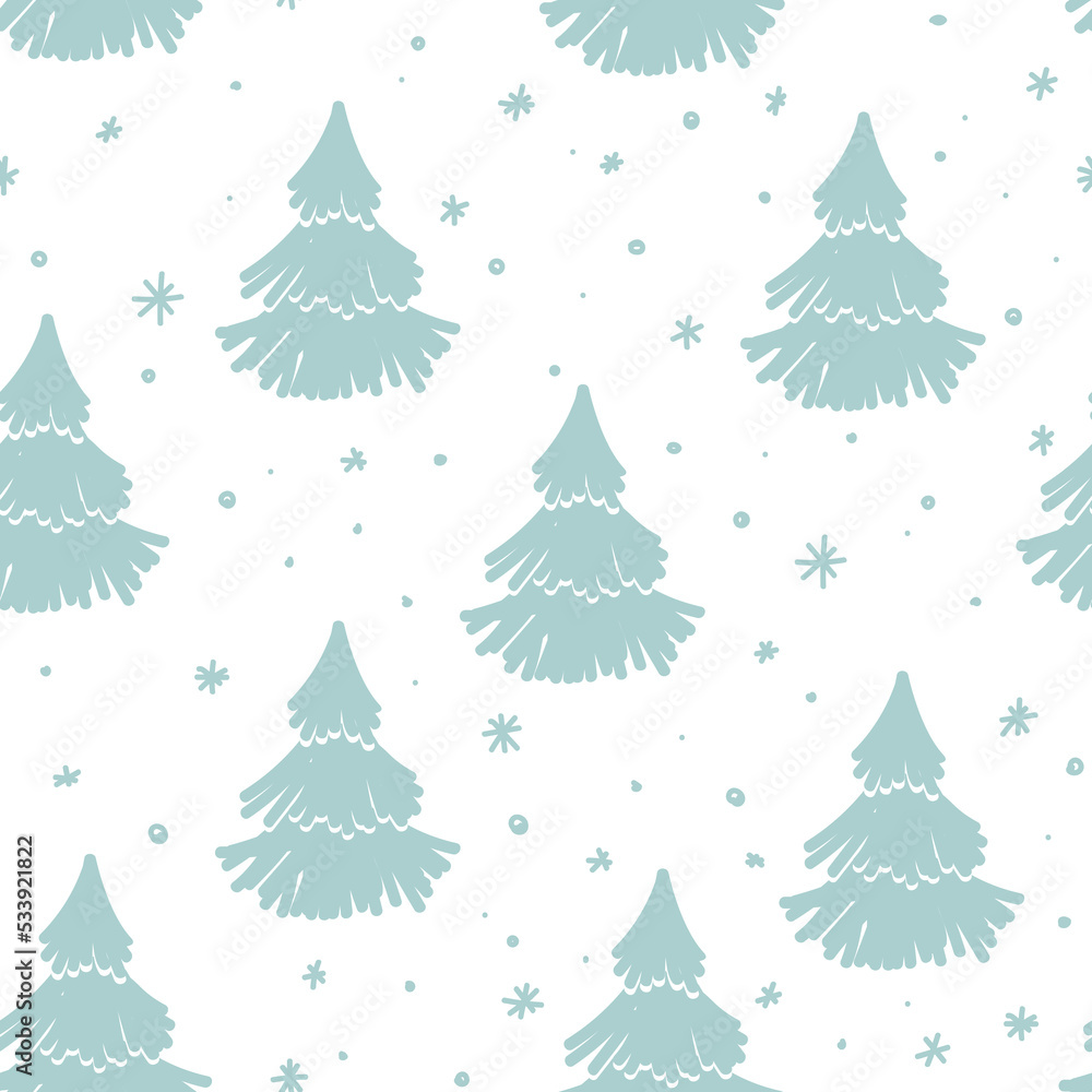 Seamless Christmas pattern with hand drawn Christmas trees. Winter fir tree background. Vector illustration