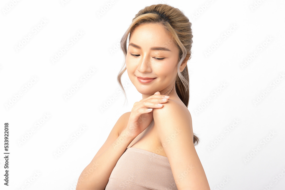 Happy beautiful young asian woman clean fresh bare skin concept. Asian girl beauty face skincare and health wellness, Facial treatment, Perfect skin, Natural make up. Isolated on white background. Happy beautiful young asian woman clean fresh bare skin concept. Asian girl beauty face skincare and health wellness, Facial treatment, Perfect skin, Natural make up. Isolated on white background.