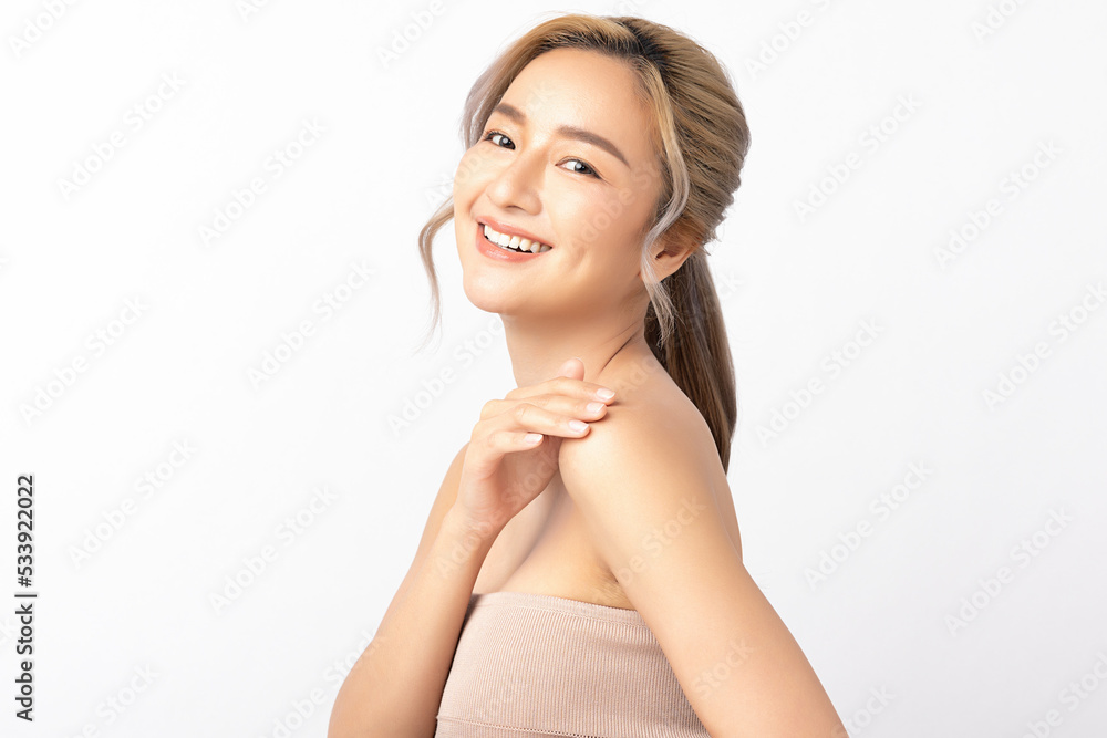 Happy beautiful young asian woman clean fresh bare skin concept. Asian girl beauty face skincare and health wellness, Facial treatment, Perfect skin, Natural make up. Isolated on white background. Happy beautiful young asian woman clean fresh bare skin concept. Asian girl beauty face skincare and health wellness, Facial treatment, Perfect skin, Natural make up. Isolated on white background.
