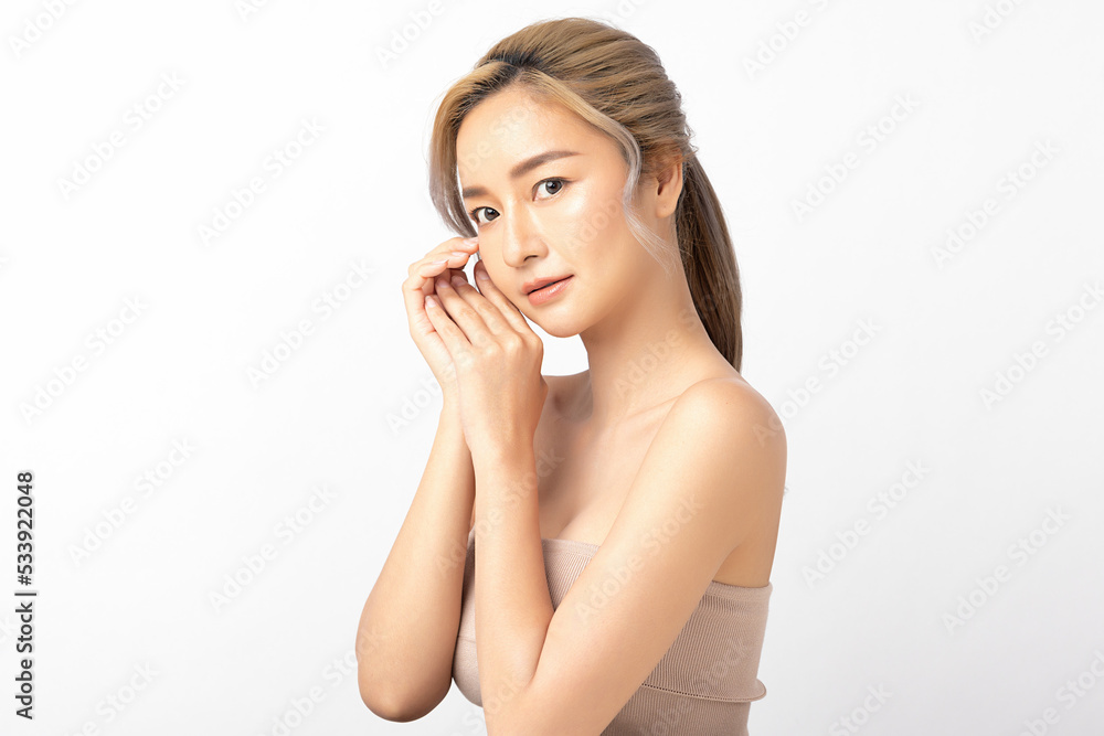 Happy beautiful young asian woman clean fresh bare skin concept. Asian girl beauty face skincare and health wellness, Facial treatment, Perfect skin, Natural make up. Isolated on white background. Happy beautiful young asian woman clean fresh bare skin concept. Asian girl beauty face skincare and health wellness, Facial treatment, Perfect skin, Natural make up. Isolated on white background.