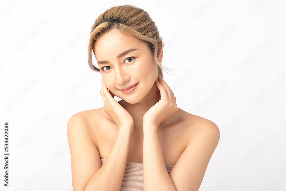 Happy beautiful young asian woman clean fresh bare skin concept. Asian girl beauty face skincare and health wellness, Facial treatment, Perfect skin, Natural make up. Isolated on white background. Happy beautiful young asian woman clean fresh bare skin concept. Asian girl beauty face skincare and health wellness, Facial treatment, Perfect skin, Natural make up. Isolated on white background.