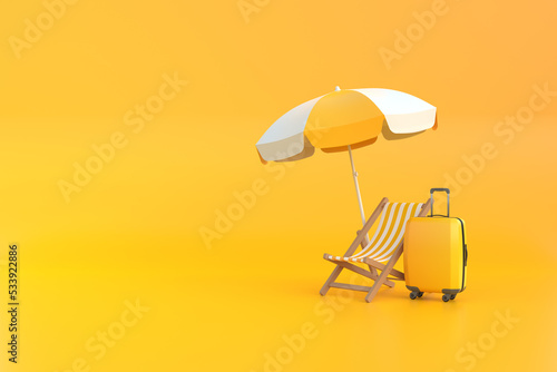Suitcase, beach chair and umbrella on a yellow background. Summertime concept. 3d rendering illustration