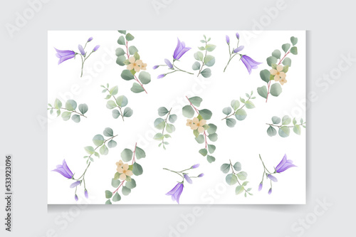 Watercolor vector card template design with eucalyptus leaves and flowers background