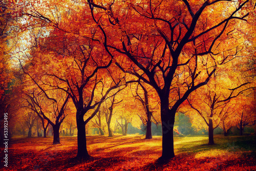 Autumn park with yellow, orange and red trees, digital art
