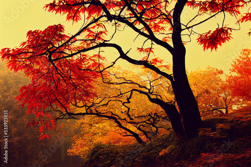 Autumn tree with red leaves  digital art