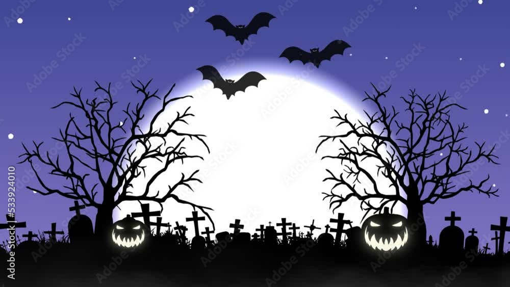 Halloween background animation with big moon, animated trees, flying bats and scary pumpkins. Scary night of halloween Halloween background animation with big moon, animated trees, flying bats and scary pumpkins. Scary night of halloween