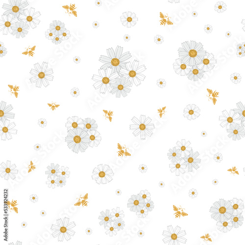 Chamomile and bees seamless vector pattern background. Flora and fauna backdrop with scattered groups of herbal flower heads and insects Line art botanical repeat. Nature garden flowers for summer