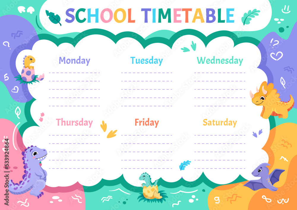 School timetable for children and pupils with cute dinosaurs. Schedule template, weekly planner for printing. Cartoon vector illustration for kids
